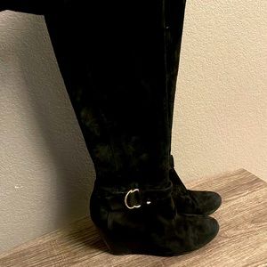 Cole Haan Nike Air , Soft Zip up, Black Sued Wedge Boot with Gold colored Buckle